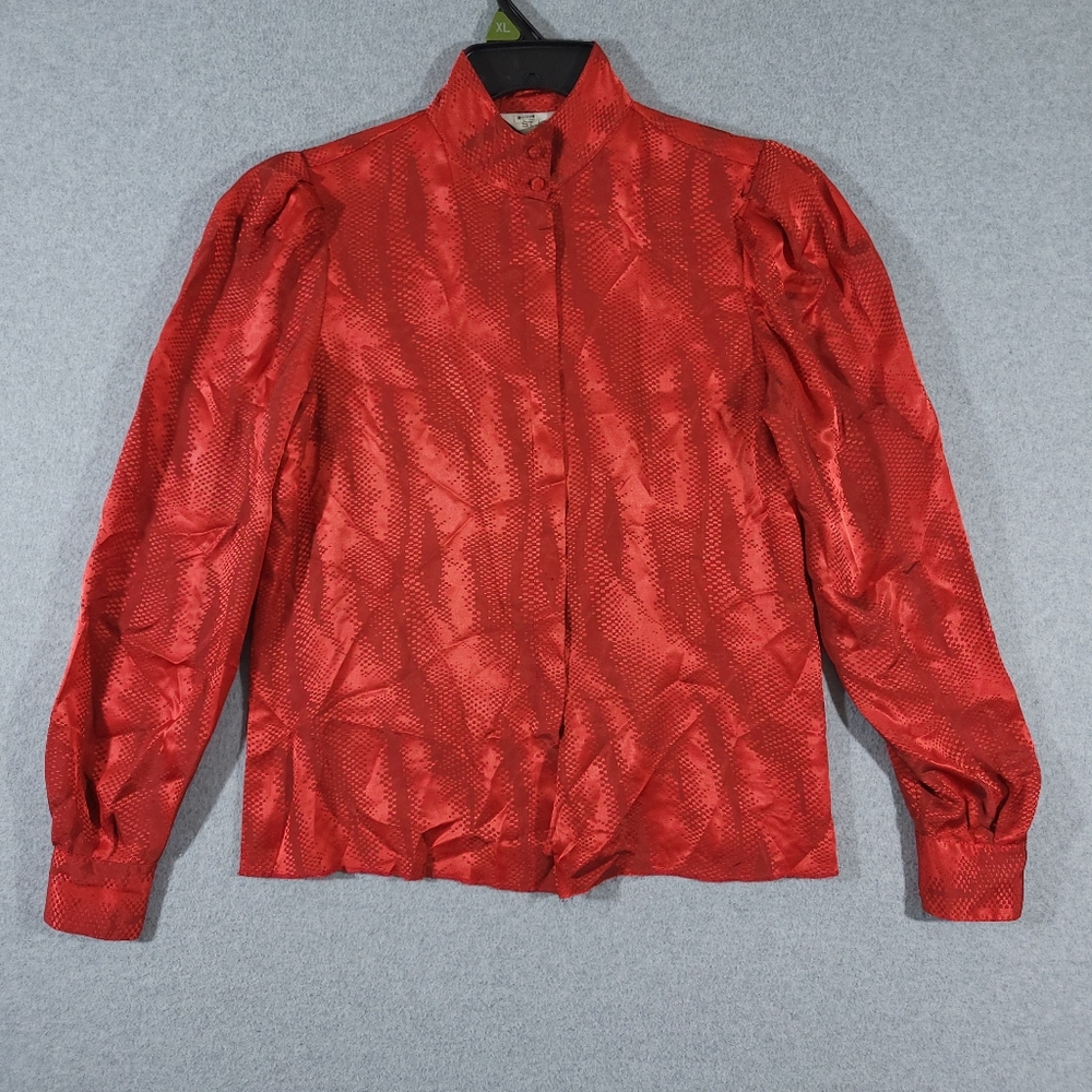 St. John Vintage Satin Blouse Women's Size 6 Red 1980s Puff Shoulder Button Up